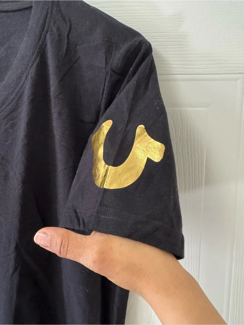 True Religion Black V-Neck Tee with Gold Accent